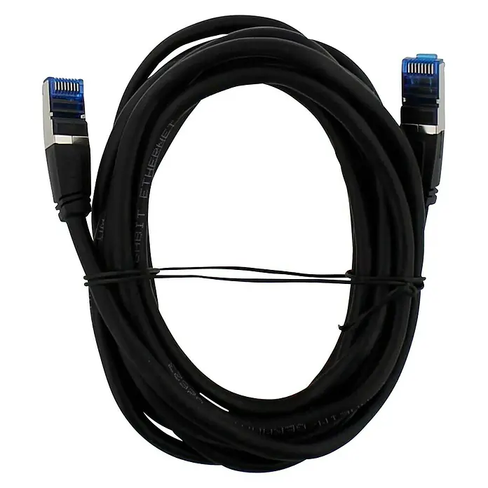 Hama Netzwerk-Kabel CAT-6a - Länge: 3 m, Schwarz, RJ45-Stecker, Bis zu 10 Gbit/s - Ein schwarzes Ethernetkabel, zusammengerollt und mit Kabelbindern fixiert, mit RJ45-Steckern an beiden Enden.