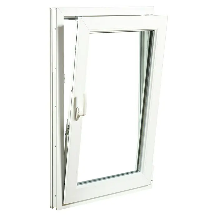 Solid Elements Ventana de PVC practicable-oscilobatiente - 60 x 70 cm, Derecha, Blanco - Ventana batiente blanca con vidrio transparente y perfil delgado. La ventana está parcialmente abierta, mostrando los herrajes.