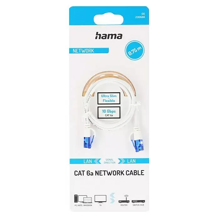 Hama Netzwerk-Kabel Flexi-Slim - Länge: 0,75 m, Weiß, RJ45-Stecker, Bis zu 10 Gbit/s - Weißes Hama CAT 6a Netzwerkkabel, 0,75m, ultraschlank, flexibel, 10 Gbit/s, mit blauen Steckern, verpackt.