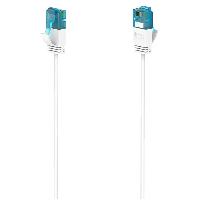 Hama Netzwerk-Kabel Flexi-Slim - Länge: 0,75 m, Weiß, RJ45-Stecker, Bis zu 10 Gbit/s - Ein weißes Netzwerkkabel mit einem blauen RJ45-Stecker von Hama für schnelle und zuverlässige Datenübertragung in Ihrem Heimnetzwerk oder Büro.