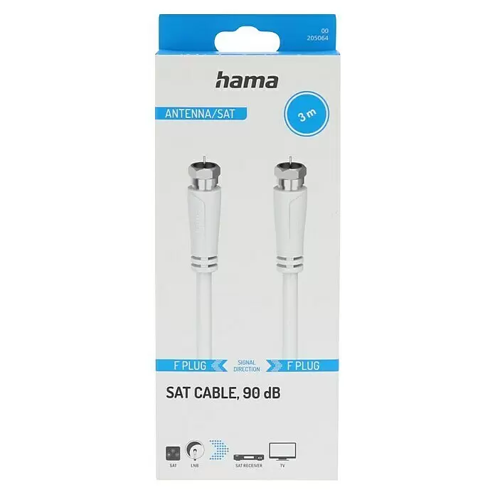Hama Koaxialkabel - 3 m, Weiß - Weißes Hama SAT-Kabel, 3m, mit F-Steckern für Satelliten-TV-Anschlüsse.