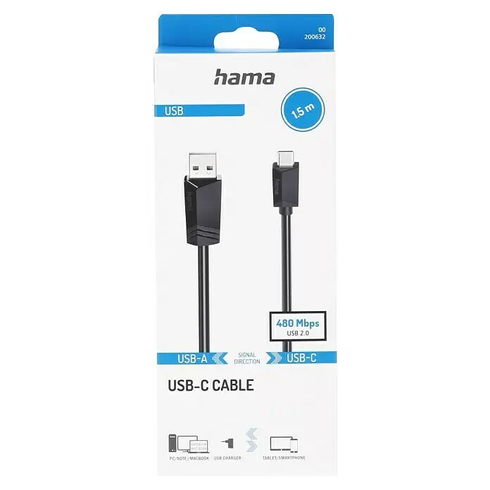 Hama USB-Kabel USB-A-Stecker - USB-C-Stecker1,5 m, Schwarz, Bis zu 480 Mbit/s