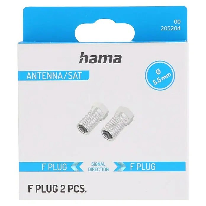 Hama F-Stecker - Durchmesser: 5,5 mm, 2 Stk. - Nahaufnahme der Hama F-Stecker Verpackung, die zwei F-Stecker für Antenne/SAT mit 5,5 mm Durchmesser zeigt.