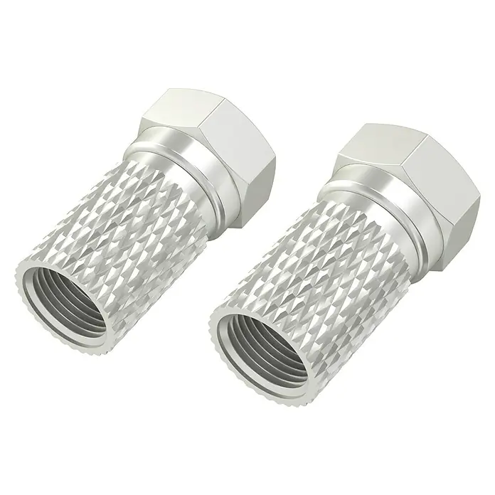 Hama F-Stecker - Durchmesser: 5,5 mm, 2 Stk. - Zwei silberne, strukturierte Adapter für Koaxialkabel vor schwarzem Hintergrund.