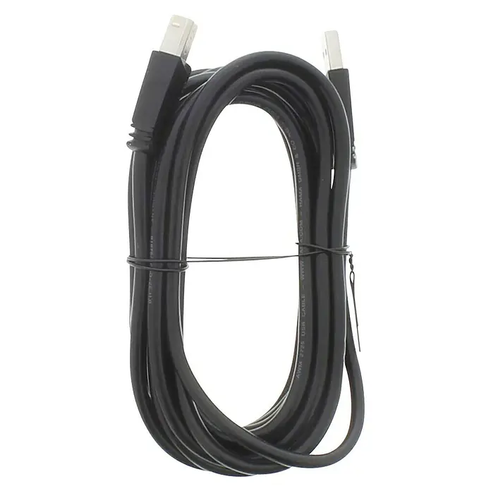 Hama USB-Kabel Typ-A-Stecker auf Typ-B-Stecker - 3 m, Schwarz - Schwarzes USB-Kabel mit Steckern an beiden Enden, durch Kabelbinder zusammengehalten.