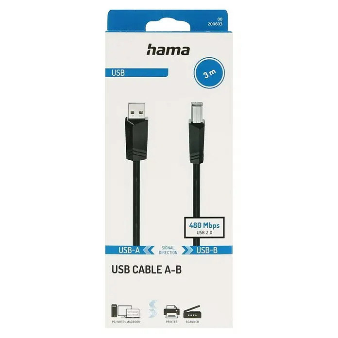 Hama USB-Kabel Typ-A-Stecker auf Typ-B-Stecker - 3 m, Schwarz - Verpackung eines schwarzen Hama USB A-B Kabels, 3m lang, mit USB 2.0 und 480 Mbps Datenübertragung für PC, Notebook, Drucker oder Scanner.