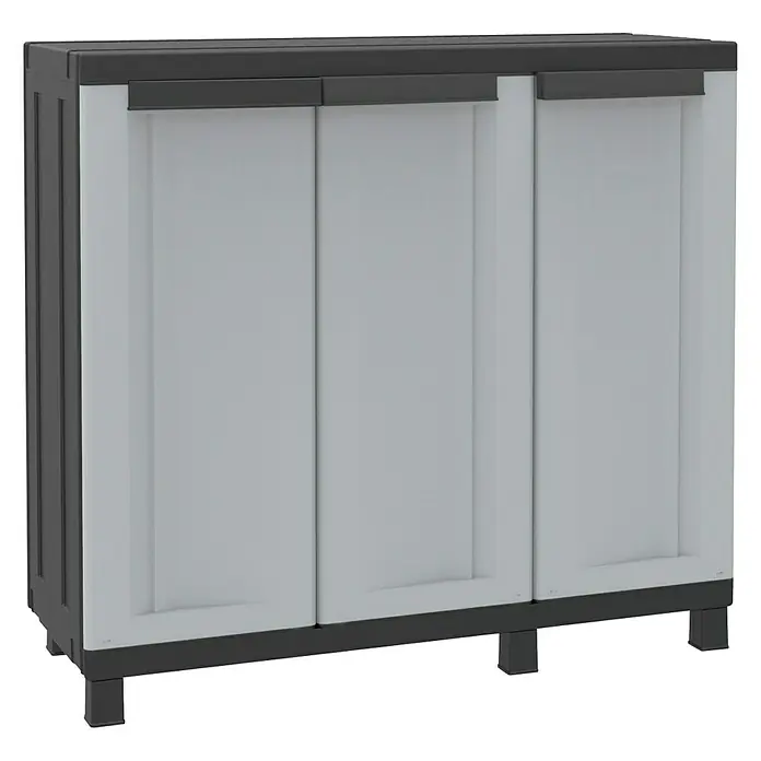 Terry Kunststoff-Mehrzweckschrank Twist Black 102B - L x B x H: 39 x 102 x 91,5 cm - Hier ist ein moderner grauer Kunststoff-Schuhschrank mit drei Türen, der eine stilvolle Aufbewahrungslösung bietet.
