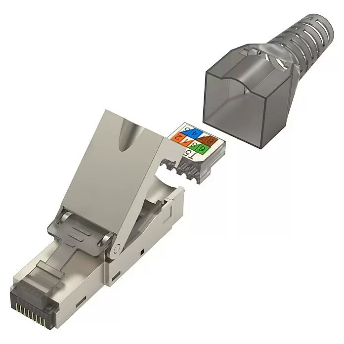 Hama Netzwerk-Stecker - CAT6a, RJ45-Stecker, Grau, 1 Stk. - Zerlegter geschirmter RJ45-Stecker mit farbcodierter Aderführung und transparenter Zugentlastung.