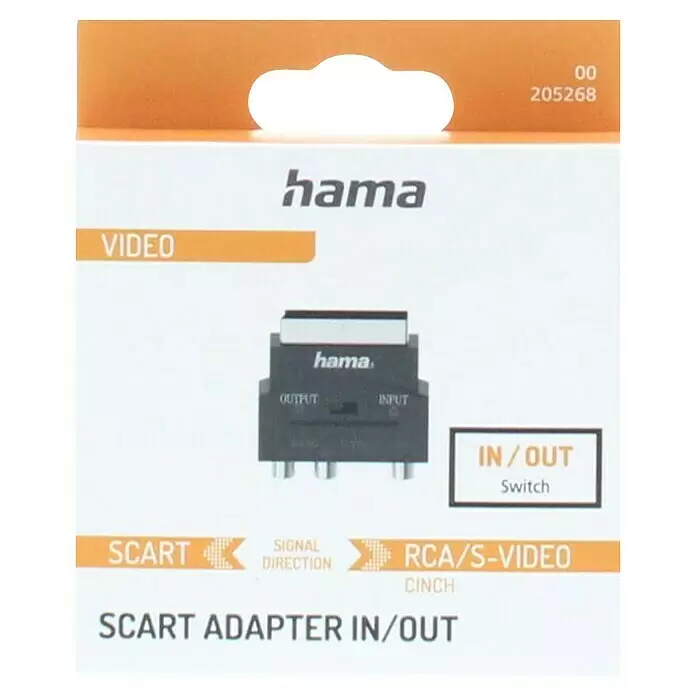 Hama Scartverteiler 3 Cinch-Kupplungen - Scart-Stecker, 4-polig - 1 Scart - Hama SCART-Adapter mit Cinch/S-Video-Anschlüssen und IN/OUT-Umschalter.