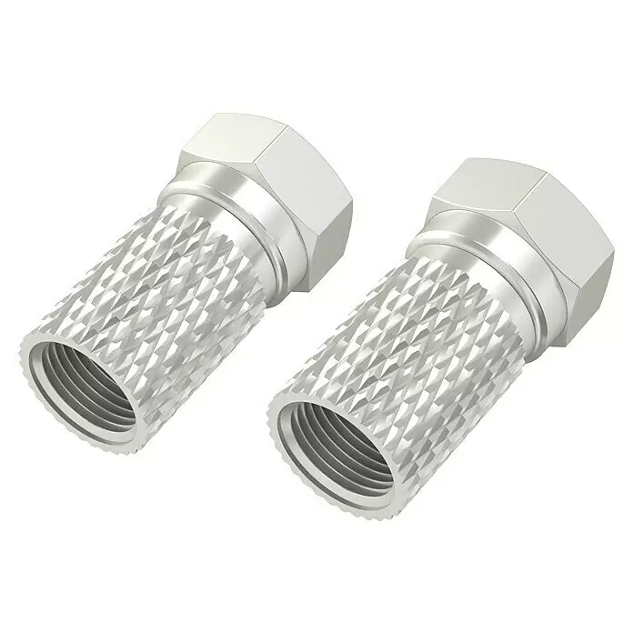 Hama F-Stecker - Durchmesser: 6,5 mm, 2 Stk. - Zwei silberne F-Stecker-Koaxialkabelverbinder mit Rändelgriff und Sechskantmuttern für sichere Kabelverbindungen.