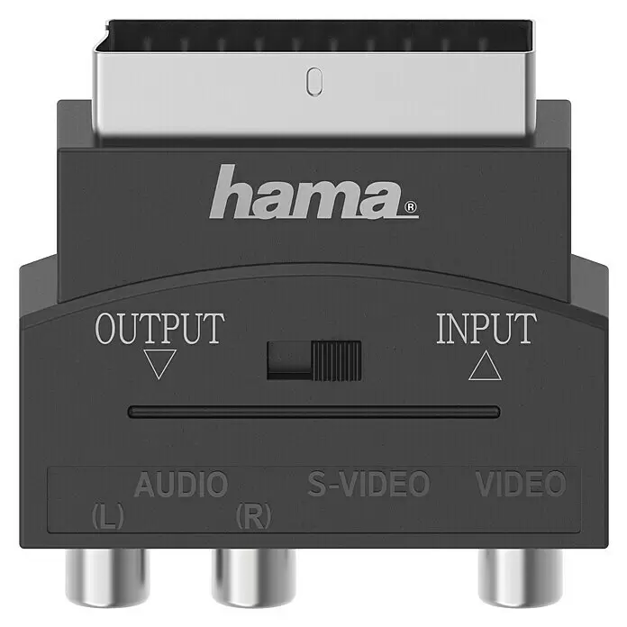 Hama Scartverteiler 3 Cinch-Kupplungen - Scart-Stecker, 4-polig - 1 Scart - Schwarzer Hama SCART-Adapter mit silbernen Metallanschlüssen, RCA (Audio L/R, Video) und S-Video-Ports und Ein-/Ausgangsschalter.