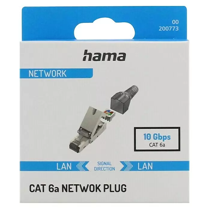 Hama Netzwerk-Stecker - CAT6a, RJ45-Stecker, Grau, 1 Stk. - Hama CAT 6a Netzwerkstecker für 10 Gbit/s LAN-Verbindungen, auf weiß-blauer Verpackung.