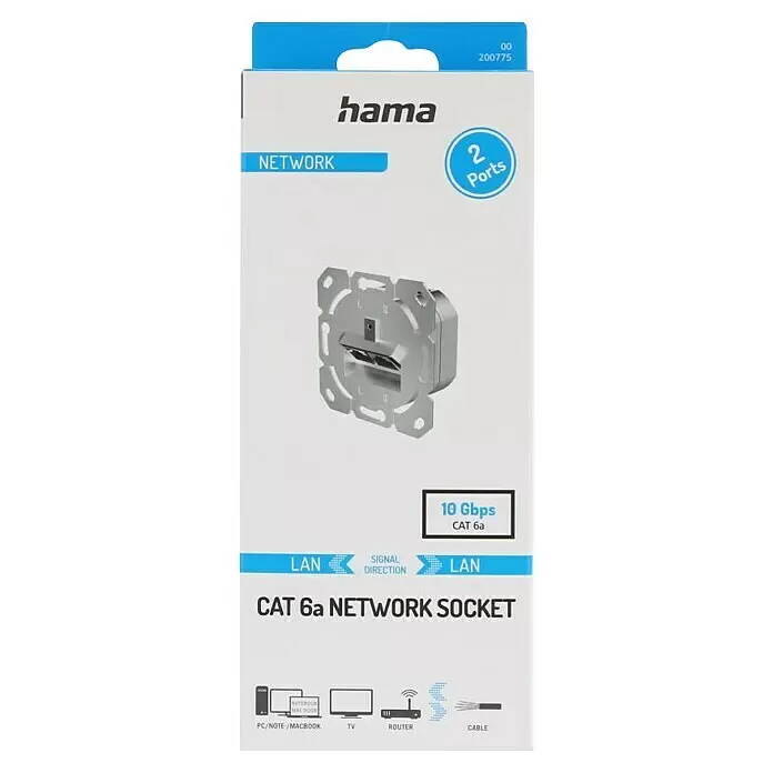 Hama Netzwerk-Anschlussdose - Silber, Bis zu 10 Gbit/s - Verpackung der Hama CAT 6a Netzwerkdose mit 2 Ports, zeigt ein silbergraues Wandmodul für 10 Gbit/s LAN.
