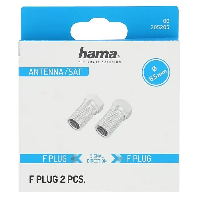 Hama F-Stecker - Durchmesser: 6,5 mm, 2 Stk. - Zwei silberne F-Stecker für Antenne/SAT, 6,5 mm Kabeldurchmesser.
