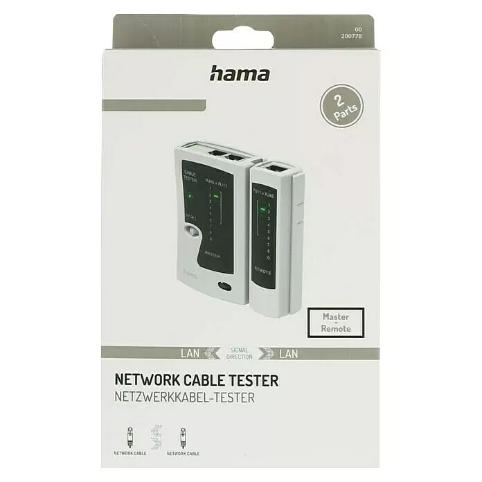 Hama Kabeltester Netzwerkkabel-Tester, Leitungsprüfgerät - Passend für: Kabel mit 8p8c (RJ45), 6p6c oder 6p4c Modularstecker - Hama Netzwerkkabel-Tester in Weiß, bestehend aus Master- und Remote-Einheit zur LAN-Kabelprüfung.