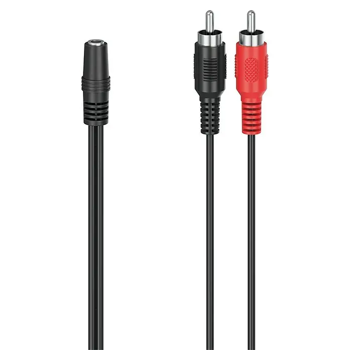 Hama Audio-Adapter 2 Cinch-Stecker - 3,5-mm-Klinken-Kupplung - Länge: 0,1 m - Audio-Kabel mit einem 3,5-mm-Klinkenstecker und zwei Cinch-Steckern in Rot und Schwarz für Audioübertragungen.