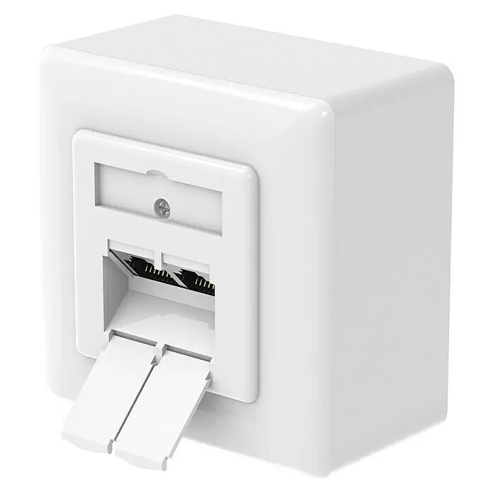 Hama Netzwerk-Anschlussdose Aufputz- / Unterputz - Aufputz, Weiß, Bis zu 10 Gbit/s - Weiße Aufputz-Netzwerkdose mit zwei RJ45-Anschlüssen und Schraube.