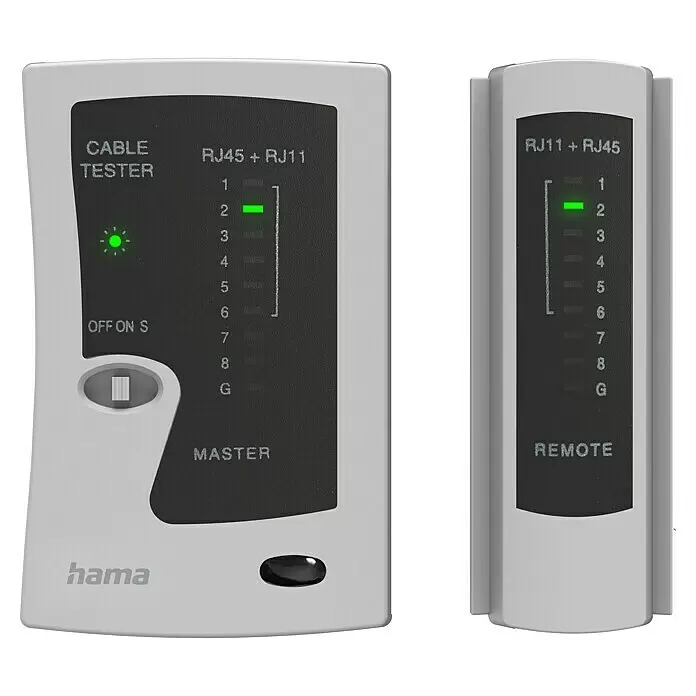Hama Kabeltester Netzwerkkabel-Tester, Leitungsprüfgerät - Passend für: Kabel mit 8p8c (RJ45), 6p6c oder 6p4c Modularstecker - Graues und schwarzes Hama Kabeltester-Set mit Master- und Remote-Einheit für RJ45/RJ11, mit beleuchteten LEDs.