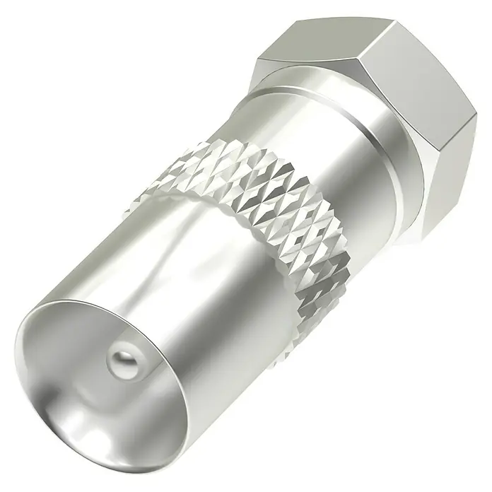 Hama SAT-Adapter - F-Stecker, IEC-Stecker - Nahaufnahme eines silbernen F-Steckers für Koaxialkabel auf schwarzem Hintergrund. Detailaufnahme des Kabeladapters.