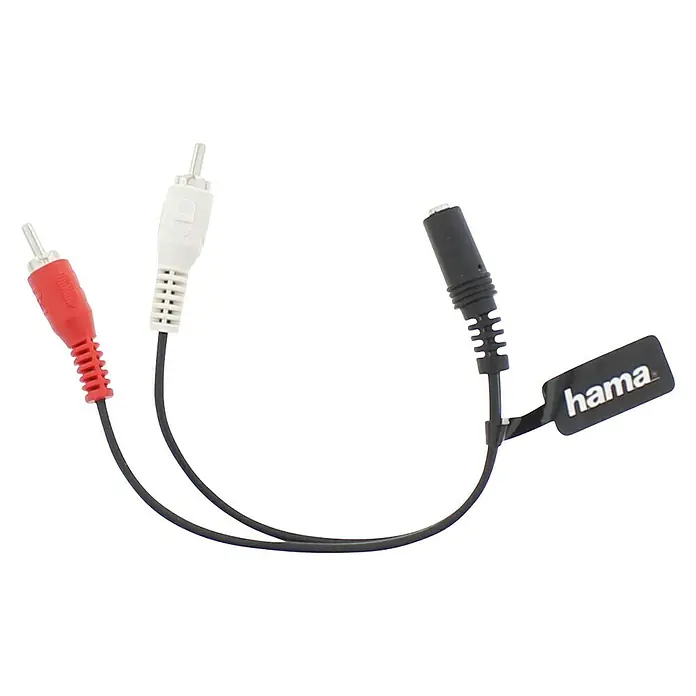 Hama Audio-Adapter 2 Cinch-Stecker - 3,5-mm-Klinken-Kupplung - Länge: 0,1 m - Produktabbildung eines Hama Cinch-auf-Klinke-Adapters, der eine Verbindung zwischen Audioquellen ermöglicht und das Hama-Logo trägt.