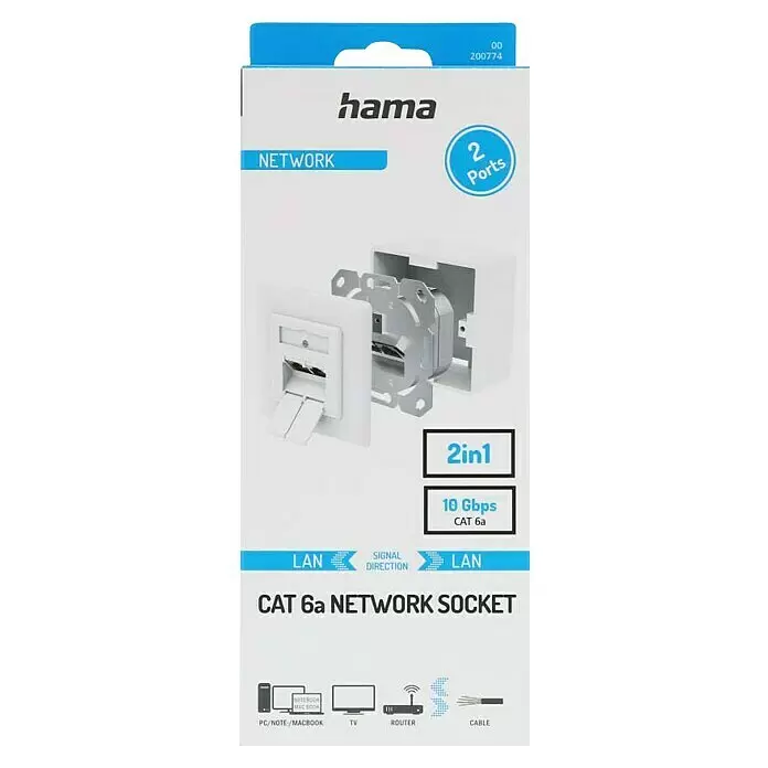 Hama Netzwerk-Anschlussdose Aufputz- / Unterputz - Aufputz, Weiß, Bis zu 10 Gbit/s - Weiße Hama CAT 6a Netzwerkdose mit 2 Ports, geeignet für 10 Gbit/s Verbindungen.