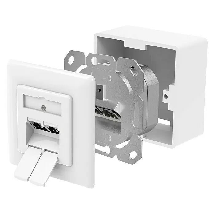 Hama Netzwerk-Anschlussdose Aufputz- / Unterputz - Aufputz, Weiß, Bis zu 10 Gbit/s - Weißer Aufputz-Ethernet-Wandanschluss, teilweise demontiert, mit zwei RJ45-Anschlüssen, Staubschutz und silbernem Metallrahmen.