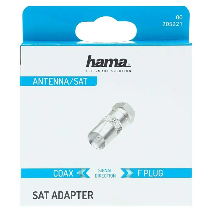 Hama SAT-Adapter - F-Stecker, IEC-Stecker - Verpackung eines Hama SAT-Adapters mit F-Stecker für Antennen- und Satellitenanschlüsse, zur Signalübertragung von Koaxialkabeln.