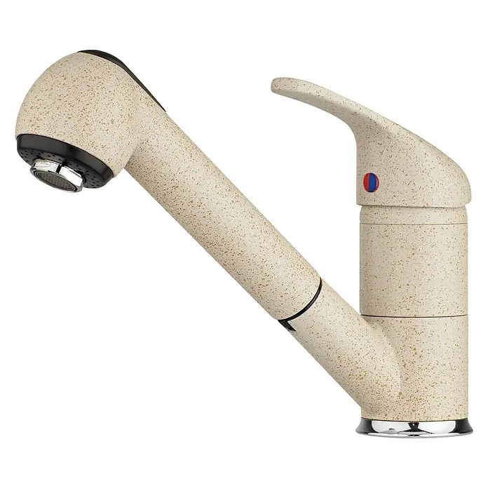 Pyramis Spültischarmatur Festivo - Beige, Matt - Nahaufnahme einer modernen Küchenarmatur in Beige mit ausziehbarer Brause und Chromdetails.