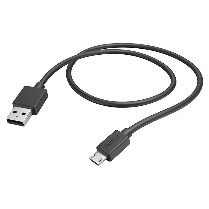 Hama USB-Kabel USB-A - Micro-USB - 1 m, Schwarz - Ein schwarzes Hama USB-Kabel mit einem USB-A-Stecker auf der einen und einem Micro-USB-Stecker auf der anderen Seite für schnelle Datenübertragung.