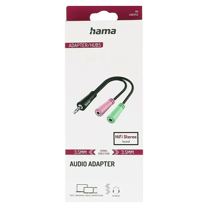 Hama Audio-Adapter 1 x Klinkenstecker - 2 x Klinkenkupplung - Kabellänge: 0,15 m - Produktverpackung eines Hama Audio-Adapters mit 3,5-mm-Stecker auf zwei 3,5-mm-Buchsen in Rosa und Grün für HiFi-Stereo-Sound.
