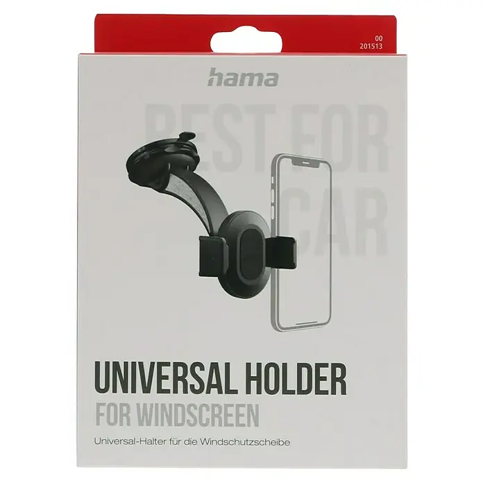 Hama Kfz-Smartphone-Halterung Move mit Saugnapf - 360 ° drehbar - Produktverpackung für eine Universal-Halterung zur Befestigung an der Windschutzscheibe von Hama.