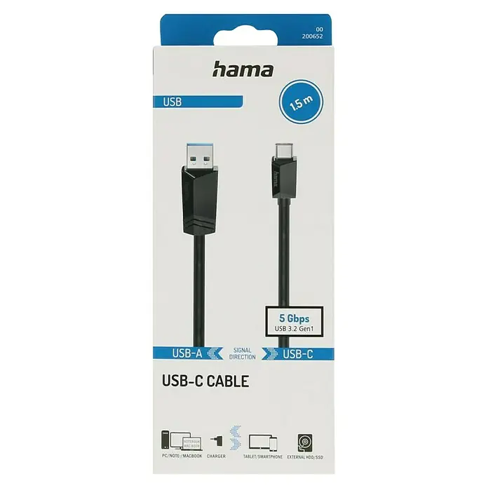 Hama USB-Kabel USB 3.2 Gen1 - 1,5 m, USB A-Stecker, USB C-Stecker, Schwarz, Bis zu 10 Gbit/s - Verpackung eines schwarzen Hama USB-C-Kabels, das Datenübertragungsraten von bis zu 5 Gbit/s unterstützt und 1,5 m lang ist.