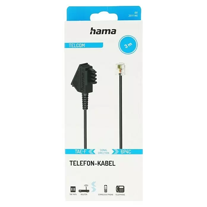 Hama Telefonkabel - Länge: 3 m, TAE-F-Stecker, Schwarz - Hama Telefonkabel (TAE-F auf 6P4C), schwarz, 3m, zur Verbindung von Telefon und Router.
