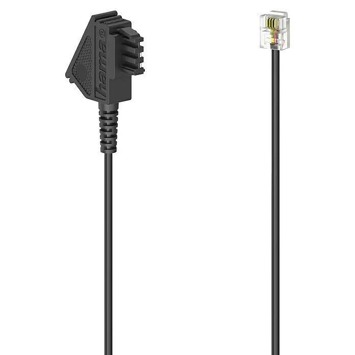 Hama Telefonkabel - Länge: 3 m, TAE-F-Stecker, Schwarz - Schwarzes Telefonkabel mit abgewinkeltem Hama-Stecker und transparentem Standard-Telefonstecker.