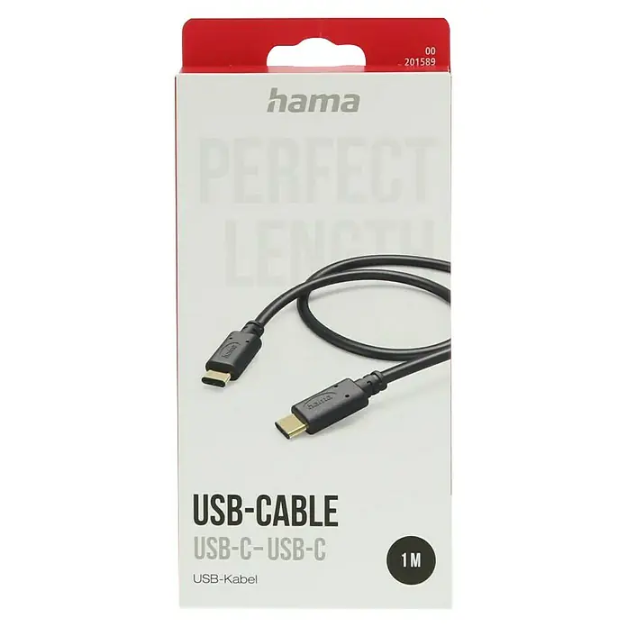 Hama USB-Kabel - 1 m, USB C-Stecker, Schwarz - Eine Nahaufnahme der Verpackung eines Hama USB-C-Kabels mit dem Kabel selbst, das auf der Verpackung abgebildet ist.