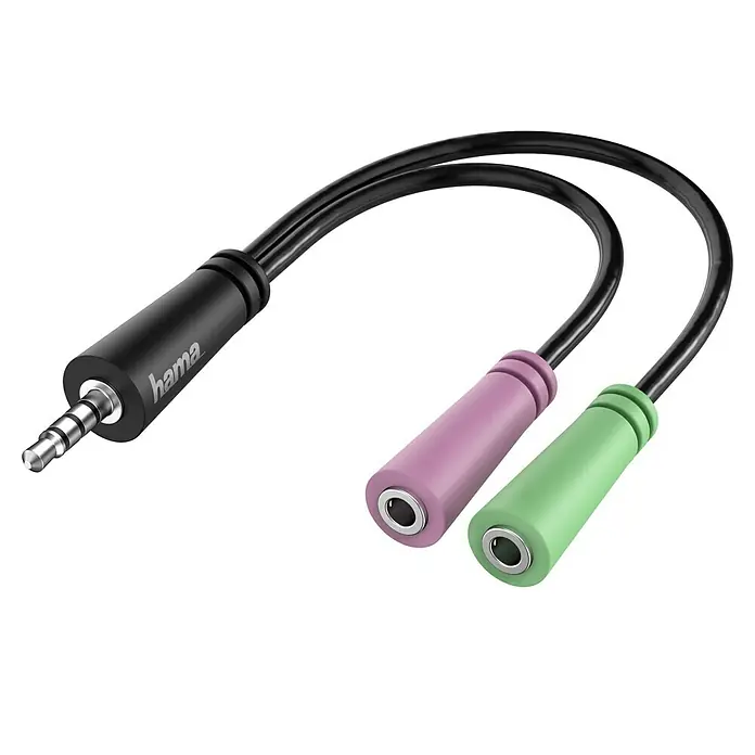Hama Audio-Adapter 1 x Klinkenstecker - 2 x Klinkenkupplung - Kabellänge: 0,15 m - Audio-Splitterkabel von Hama, das einen 3,5-mm-Stecker auf zwei Buchsen in Rosa und Grün aufteilt, ideal für Kopfhörer und Mikrofone.