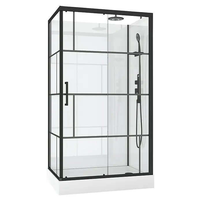 Aurlane Designdusche Graphic - 80 x 110 x 225 cm, Schwarz/Weiß - Eine stilvolle Duschkabine mit schwarzem Rahmen und klaren Glasscheiben, die ein modernes Badezimmer-Design ergänzt.