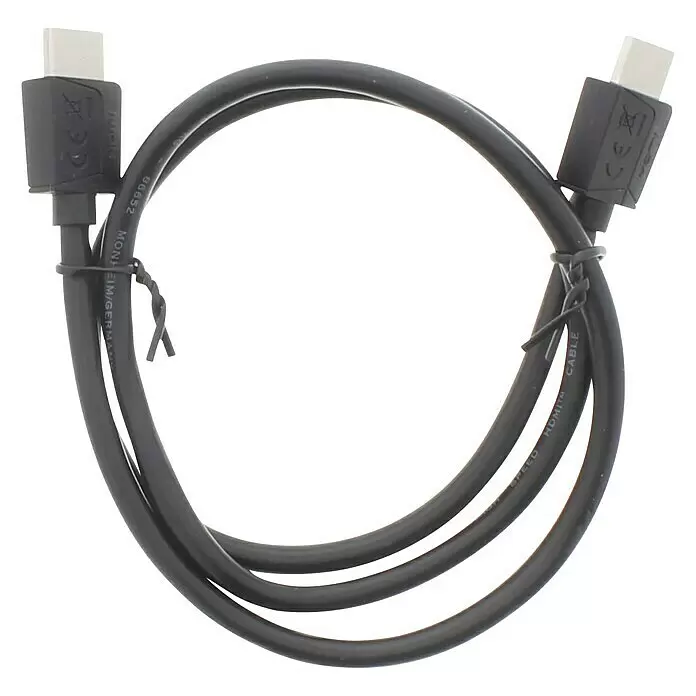 Hama HDMI-Kabel High Speed mit Ethernet - Schwarz, 0,75 m, 18 Gbit/s - Schwarzes HDMI-Kabel mit weißspitzen Anschlüssen, aufgerollt und mit einem Drehverschluss gesichert.