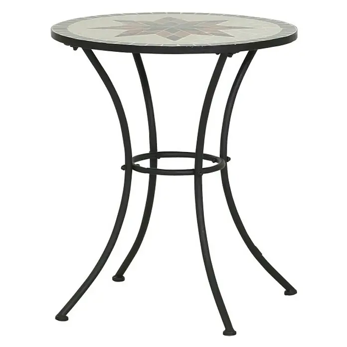 Siena Garden Stella Balkontisch rund - Ø x H: 60 x 70 cm, Schwarz/Beige/Braun - Ein dekorativer Gartentisch mit Mosaikmuster und schwarzem Metallgestell, ideal für Terrasse und Balkon. Er bietet eine stilvolle Ablagefläche im Freien.