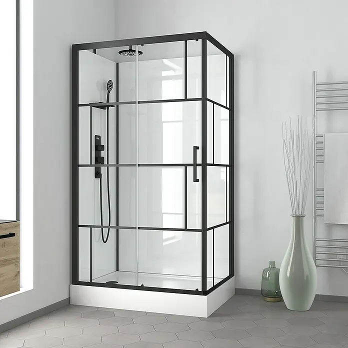 Aurlane Designdusche Graphic - 80 x 110 x 225 cm, Schwarz/Weiß - Schwarze Duschkabine mit klaren Glaswänden und schwarzem Rahmen, die ein modernes Badezimmerdesign betont.