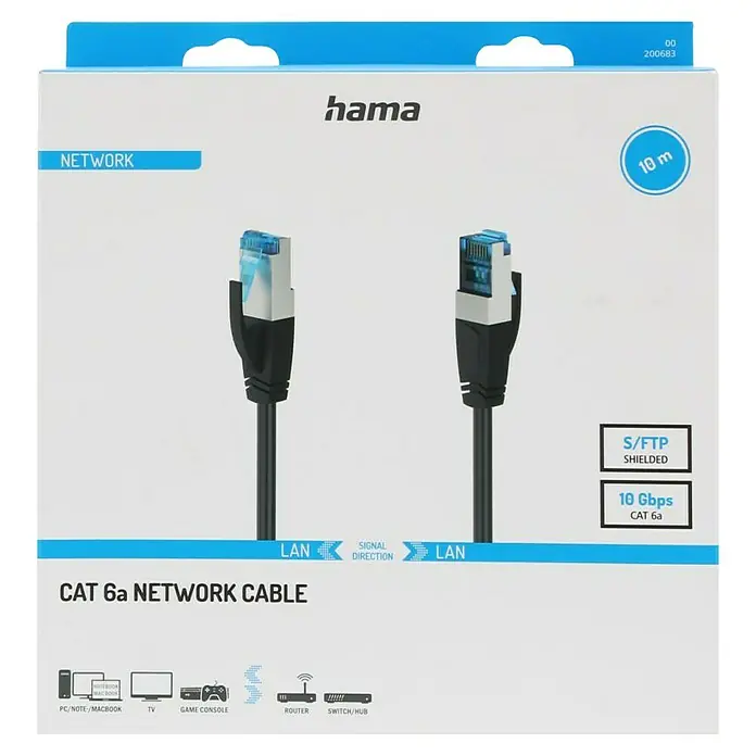 Hama Netzwerk-Kabel CAT-6a - Länge: 10 m, Schwarz, RJ45-Stecker, Bis zu 10 Gbit/s - Produktverpackung eines Hama CAT 6a Netzwerkkabels, 10m Länge, S/FTP geschirmt und unterstützt 10 Gbps für PC, TV, Spielkonsole, Router und Switch.