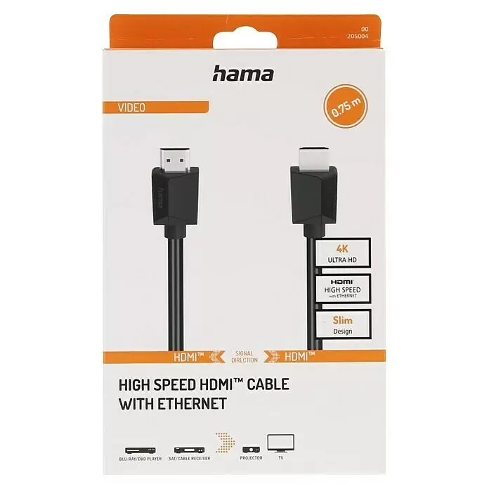 Hama HDMI-Kabel High Speed mit Ethernet - Schwarz, 0,75 m, 18 Gbit/s - Hama High Speed HDMI Kabel mit Ethernet, 0,75m, schwarz, 4K Ultra HD, schlankes Design.
