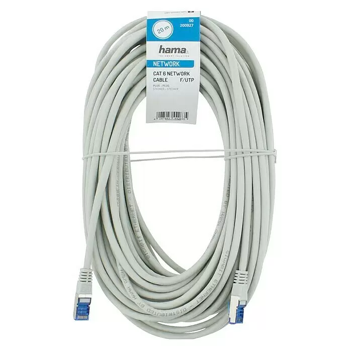 Hama Netzwerk-Kabel - 20 m, Bis zu 1 GBit/s - Hama Cat 6 F/UTP Netzwerkkabel, 20m, hellgrau, mit RJ45-Anschlüssen.