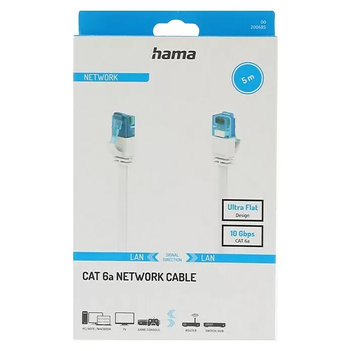 Hama Netzwerk-Kabel - Länge: 5 m, Weiß, RJ45-Stecker, Bis zu 10 Gbit/s - Ein weißes Hama CAT 6a Flachband-Netzwerkkabel, 5m lang, mit blau-weißen RJ45-Steckern, für 10 Gbit/s LAN-Verbindungen.