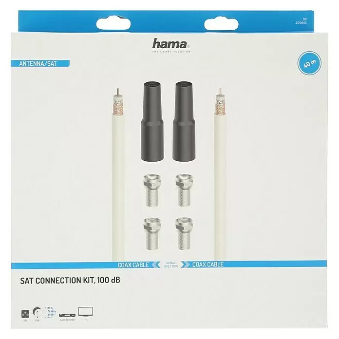 Hama Koaxialkabel Kit - 40 m, Weiß, Schirmungsmaß: 100 dB - Hama 40m SAT-Anschluss-Set mit 100 dB Koaxialkabel, vier F-Steckern und zwei Wetterschutzmanschetten.