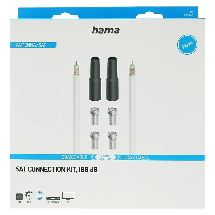 Hama Koaxialkabel Kit - 20 m, Weiß, Schirmungsmaß: 100 dB - Abbildung einer Hama Sat-Anschlussgarnitur (100 dB) mit Koaxialkabel, Antennen-/Sat-Zubehör, F-Steckern und einer Länge von 20 m.