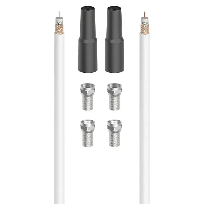 Hama SAT-Anschlusskabel Kit20 m, Weiß, 100 dB, 4-fach geschirmt - Koaxialkabel-Set mit F-Steckern, Abschlusskappen und zwei weißen Kabeln für eine sichere und zuverlässige Verbindung.