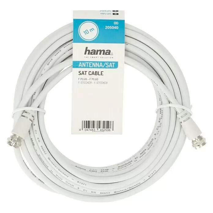 Hama Koaxialkabel F-Stecker - 10 m, Weiß, Schirmungsmaß: 75 dB - Aufgerolltes weißes 10m Hama SAT-Kabel mit F-Steckern.