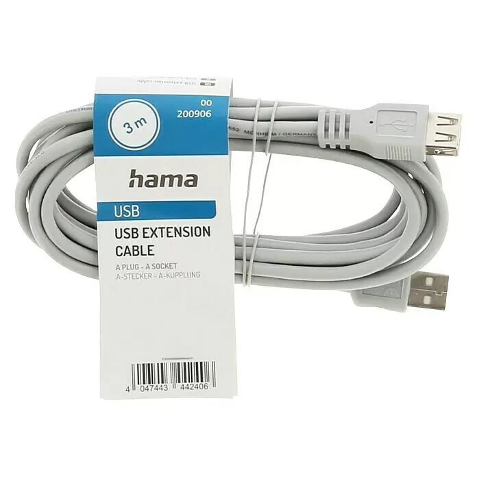 Hama USB-Kabel - 3 cm, USB A-Stecker, Weiß - Graues Hama 3m USB-Verlängerungskabel (A-Stecker auf A-Buchse), aufgerollt mit Etikett.