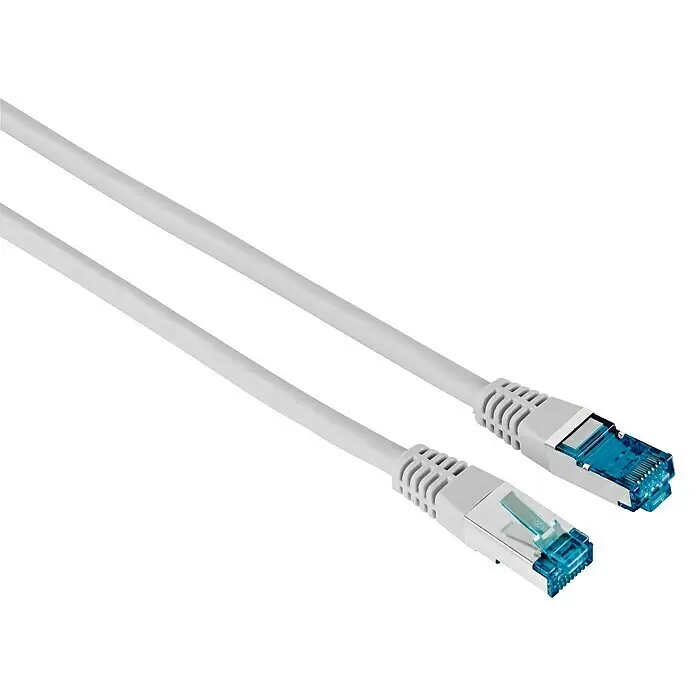 Hama Netzwerk-Kabel - 20 m, Bis zu 1 GBit/s - Zwei graue Ethernet-Kabel mit blauen RJ45-Anschlüssen.